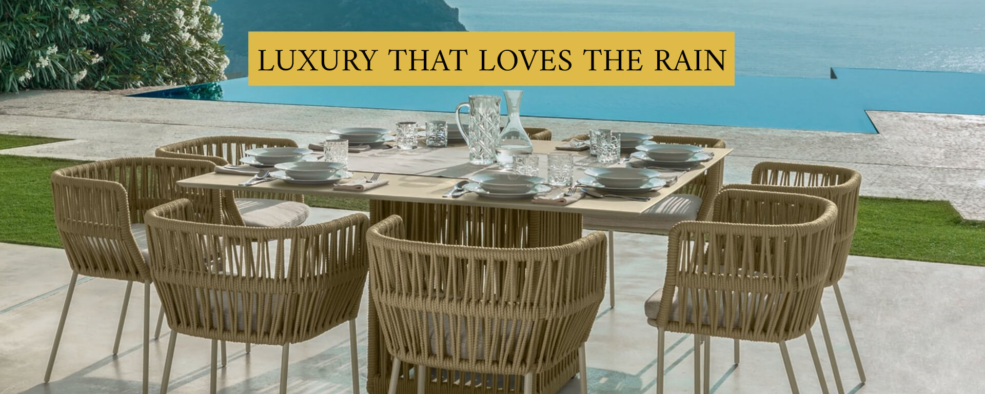 Loom Crafts Outdoor Garden Furniture A woman sits on an outdoor sofa in a patio area surrounded by greenery. The caption "Sit, Relax, and Indulge in Luxury" is overlaid on the image.