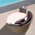 Loom Crafts Outdoor Garden Furniture A wicker lounge chair next to a pool.