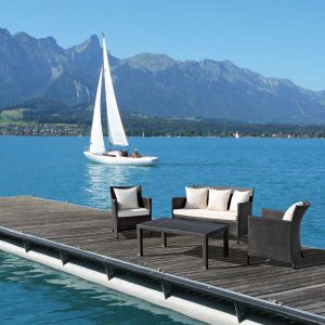 Loom Crafts Outdoor Garden Furniture A wooden dock with a boat on it.