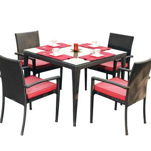 Loom Crafts Outdoor Garden Furniture A black wicker DINING ARMCHAIR (STACKABLE) with red cushions.