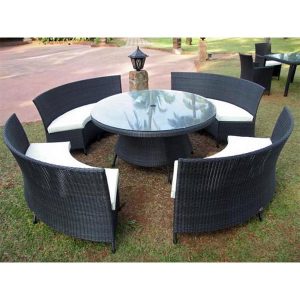 Loom Crafts Outdoor Garden Furniture A black rattan two-seater bench with white cushions (LCOD/150/003).