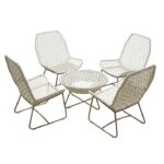 Loom Crafts Outdoor Garden Furniture Four white lounge chairs with cushions and a table on a white background.
