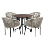 Loom Crafts Outdoor Garden Furniture A wicker outdoor dining arm chair set with four chairs and a round table.