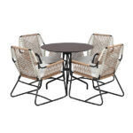 Loom Crafts Outdoor Garden Furniture An OUTDOOR DINING ARM CHAIR WITH CUSHION (LCO/076/001) with four OUTDOOR DINING ARM CHAIR WITH CUSHIONs (LCO/076/001) and a round table.