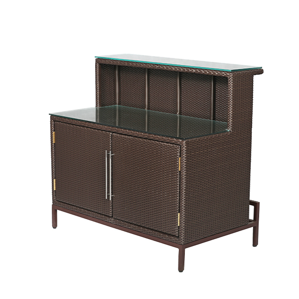 Loom Crafts Outdoor Garden Furniture A brown wicker SERVICE SIDE BOARD with a glass top.