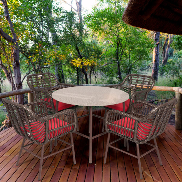 Loom Crafts Outdoor Garden Furniture A wooden deck with a table and OUTDOOR DINING CHAIR WITH CUSHION (LCO/074/001).