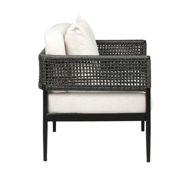 Loom Crafts Outdoor Garden Furniture A black and white SINGLE SEATER SOFA LCO/089/003 with white cushions.