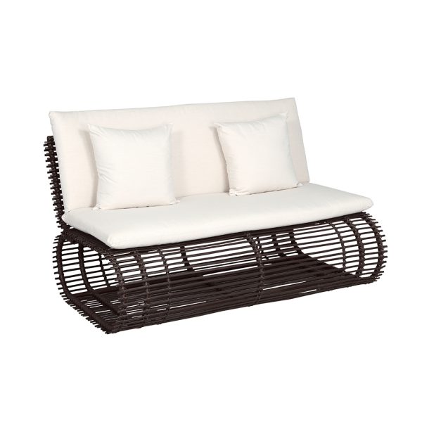 Loom Crafts Outdoor Garden Furniture A rattan loveseat with white cushions on a white background.