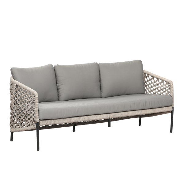 Loom Crafts Outdoor Garden Furniture An outdoor wicker sofa with grey cushions.