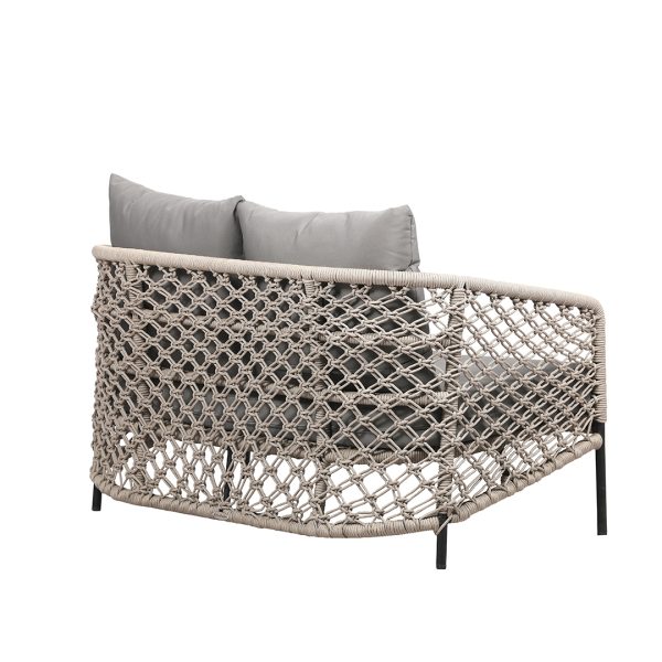 Loom Crafts Outdoor Garden Furniture A rattan sofa with grey cushions and a black frame.