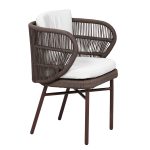 Loom Crafts Outdoor Garden Furniture A brown rattan dining armchair with white cushion.