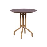 outdoor cafe table with a brown metal base and HPL top