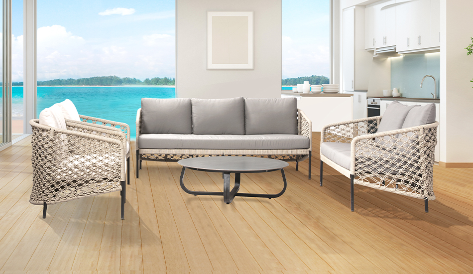 Loom Crafts Outdoor Garden Furniture A living room with a view of the ocean.